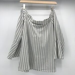 Bobeau Top Womens Medium White Black Tan Stripe Off The Shoulder Bell Sleeve